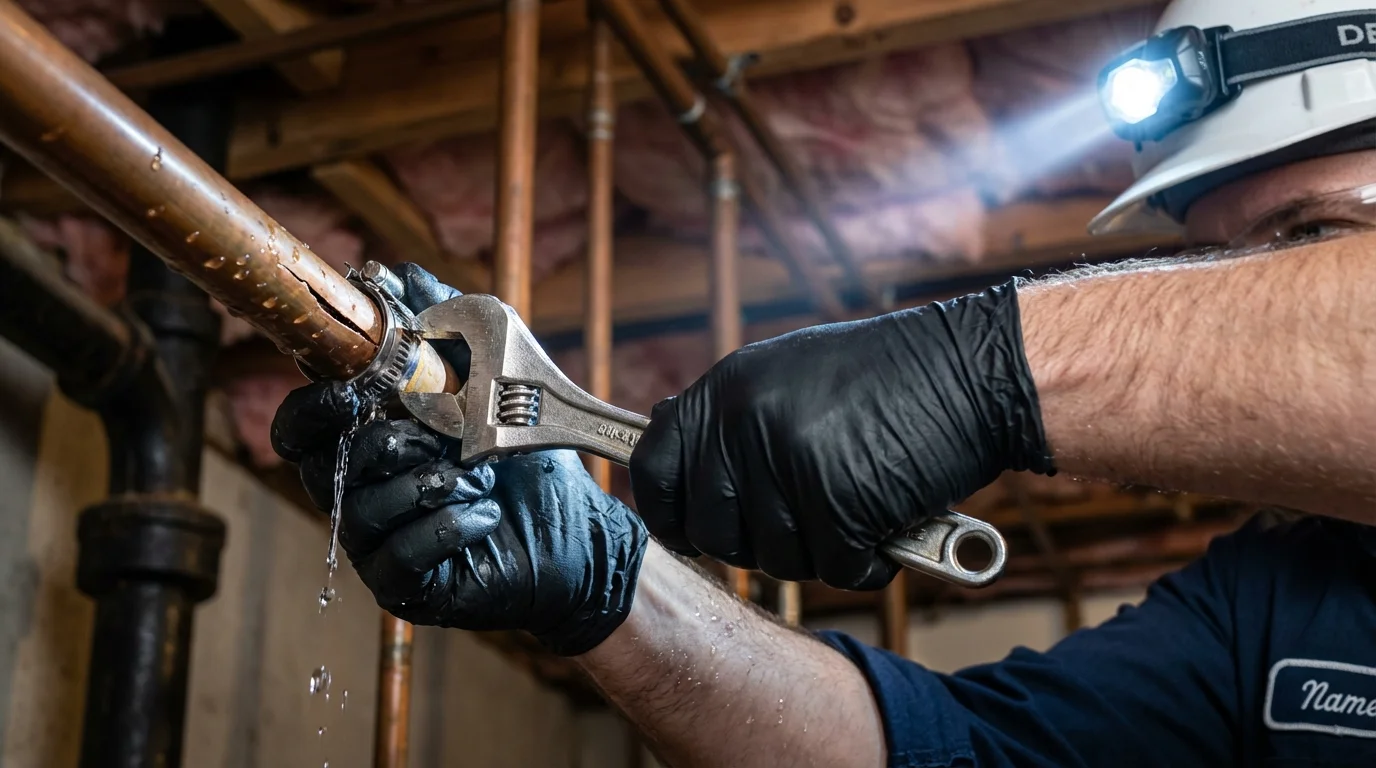 Emergency pipe clamp repair being performed by a Johns Plumbing LLC plumber in Mission Viejo