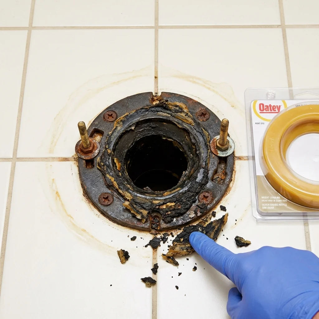 Failed wax ring showing water seepage at the base of a toilet in a Mission Viejo, CA home