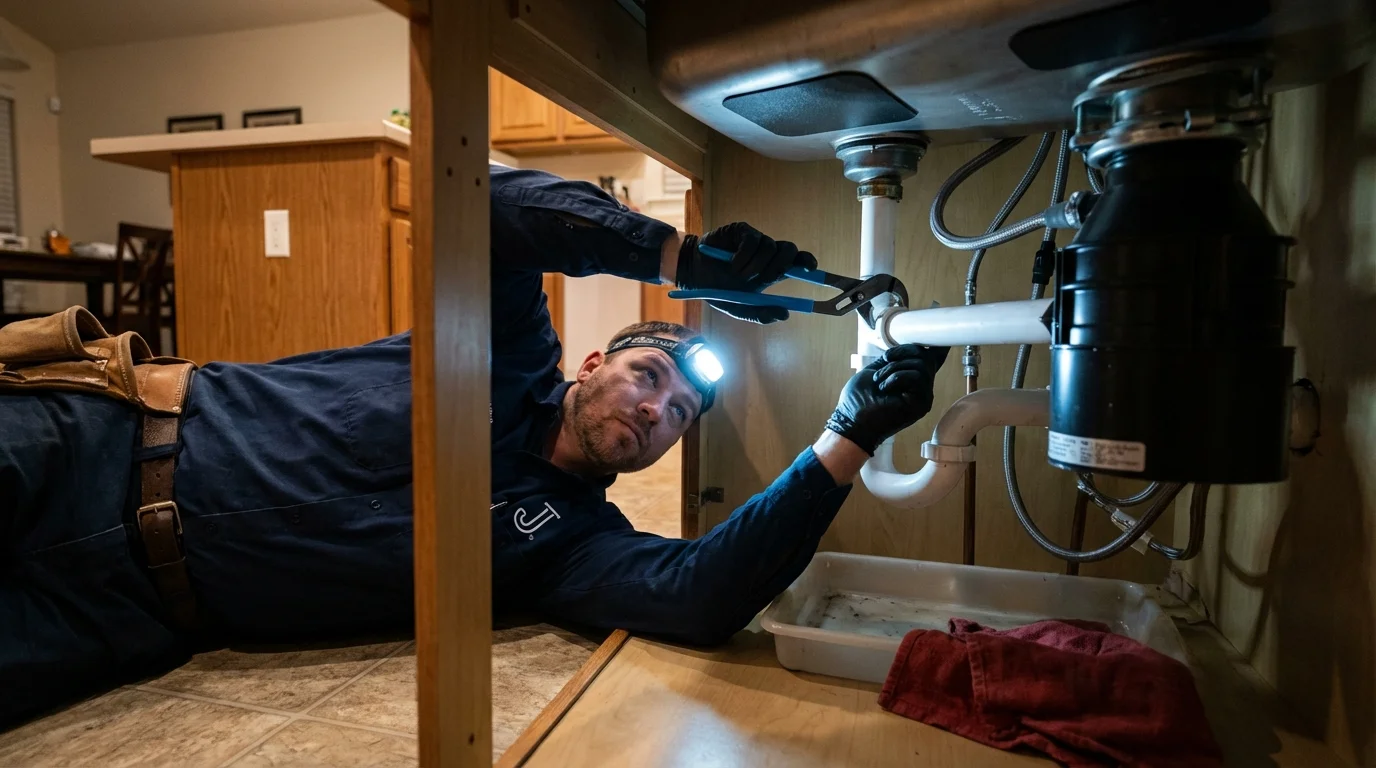 P-trap and supply line connections under a kitchen sink showing a common leak point in Mission Viejo, CA